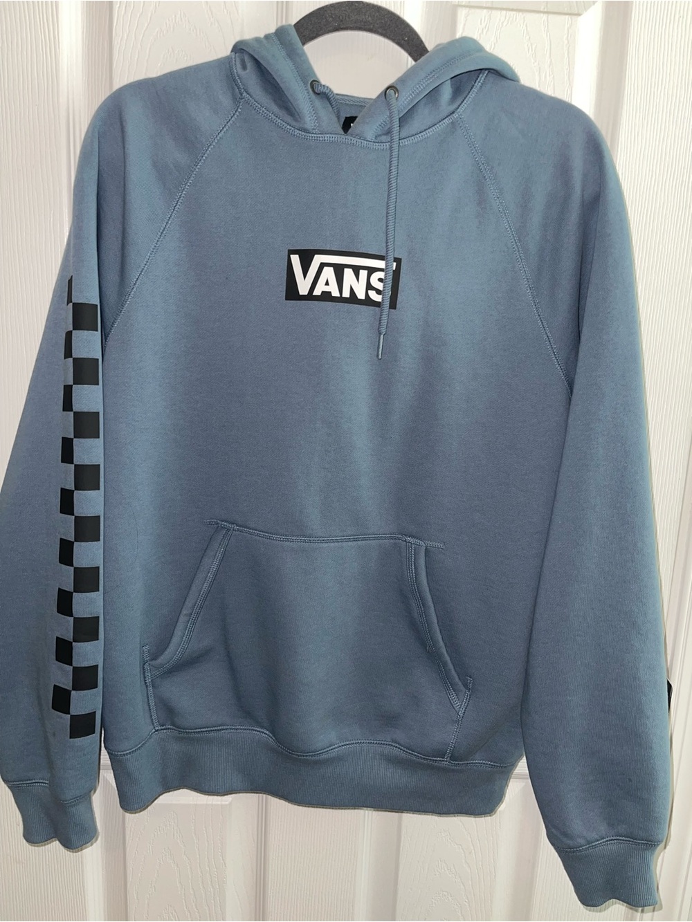Vans Men’s Slate mirage Blue Hoodie with Black Logo & Checker Sleeve
